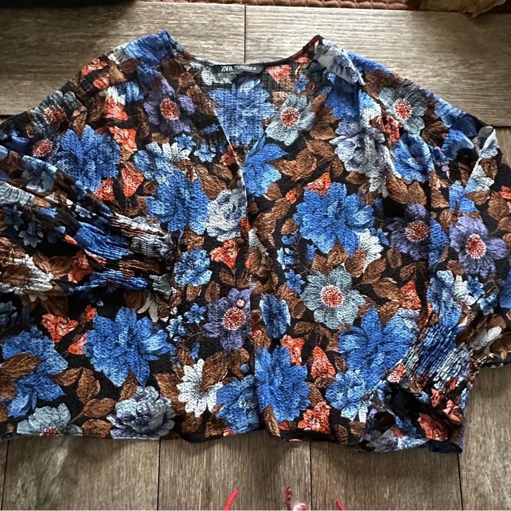 Zara Floral V-Neck Blouse - Blues, Browns & Orange
